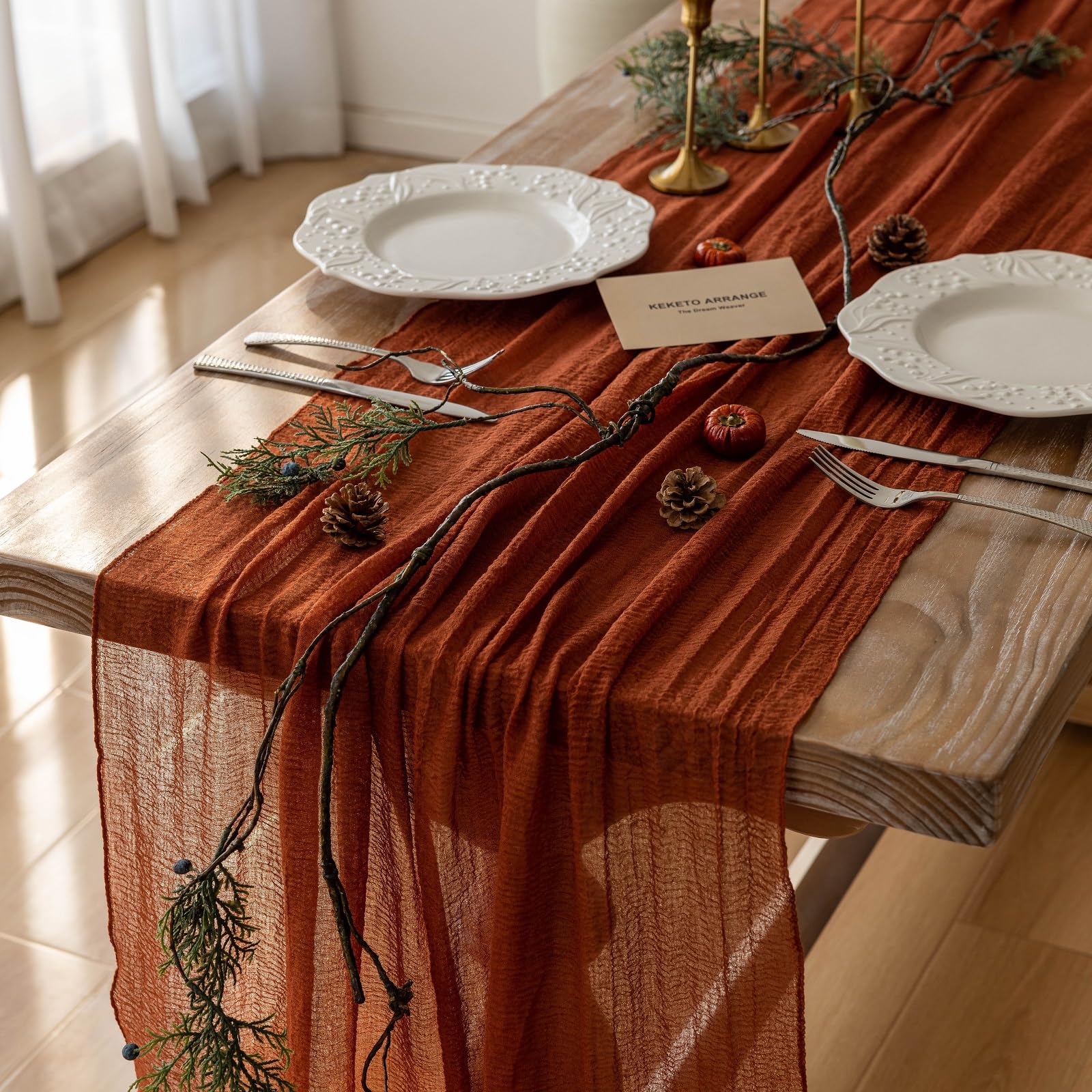 Thanksgiving Fall Table Runner Terracotta Gauze 120 Inch 10 FT Rustic Burnt Orange Sheer Cheese Cloth for Bridal Shower Friendsgiving Party Centerpiece Decor Fall Decorations for Home